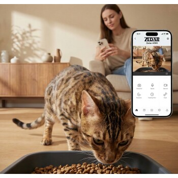 Bengal-Katze frisst Trockenfutter; Smartphone-Overlay zeigt die ZEDAR-App "Zedar A900" mit Futtersteuerung; unscharfe Person im Hintergrund.