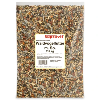 Supravit-Beutel mit Waldvogelfutter m. So., 2,5 kg — transparente Verpackung zeigt Sonnenblumenkerne, Hirse und Mischgetreide; weißes Etikett