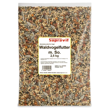 Supravit-Beutel mit Waldvogelfutter m. So., 2,5 kg — transparente Verpackung zeigt Sonnenblumenkerne, Hirse und Mischgetreide; weißes Etikett