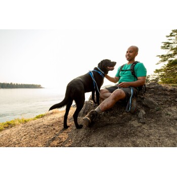 Ein Mann in einem grünen Hemd sitzt auf einem felsigen Vorsprung am See und interagiert mit einem schwarzen Hund, der ein blaues Geschirr trägt.