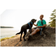 Ein Mann in einem grünen Hemd sitzt auf einem felsigen Vorsprung am See und interagiert mit einem schwarzen Hund, der ein blaues Geschirr trägt.