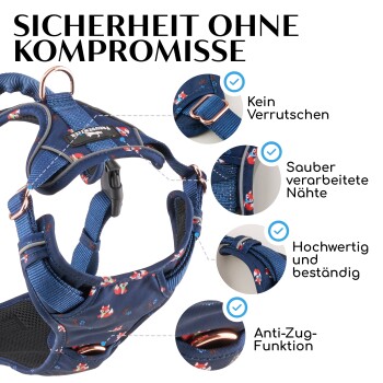Ein blauer Haustiergeschirr mit Blumenmustern, mit Text, der seine Sicherheit, die Qualität der Nähte und die Anti-Zieh-Funktion hervorhebt.