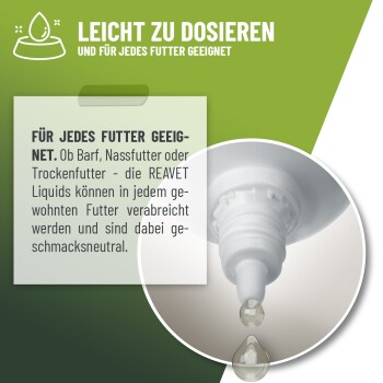 Bild eines flüssigen Haustier-Nahrungsergänzungsmittel-Spenders mit einem Tropfen, der sich an der Spitze bildet, mit Text über seine Eignung für alle Arten von Haustierfutter.