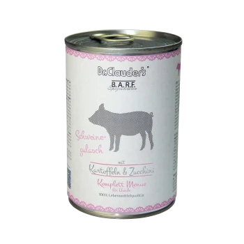 Dose von Dr. Clauder's B.A.R.F. Schweinegulasch für Hunde, mit einer Schweinesilhouette, mit Zutaten, die als Kartoffeln und Zucchini aufgeführt sind.