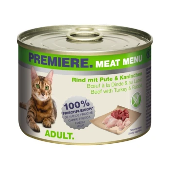 Meat Menu Adult Rind mit Pute und Kaninchen 6x200 g Katze-Futterdose mit einem Bild einer getigerten Katze, beschriftet mit "Premiere Meat Menu", das Rindfleisch mit Truthahn und Kaninchen zeigt, und "100% Frisches Fleisch."