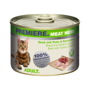 Katze-Futterdose mit einem Bild einer getigerten Katze, beschriftet mit "Premiere Meat Menu", das Rindfleisch mit Truthahn und Kaninchen zeigt, und "100% Frisches Fleisch."
