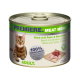 Katze-Futterdose mit einem Bild einer getigerten Katze, beschriftet mit "Premiere Meat Menu", das Rindfleisch mit Truthahn und Kaninchen zeigt, und "100% Frisches Fleisch."