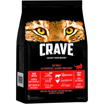 Katze Futterbeutel mit der Aufschrift 'CRAVE', der ein Tigeraugen-Grafik zeigt und 'Hoher Proteingehalt', 'Getreidefrei' und 'Hergestellt mit frischem Huhn' hervorhebt.