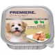 Emballage de nourriture pour chiens avec un chien souriant et le texte "PREMIERE. J'aime mon chien" et "riche en dinde et en agneau."