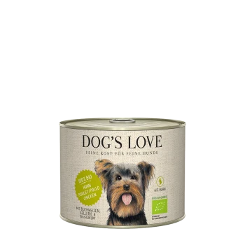 Blikjes hondenvoer met het label 'DOG'S LOVE' met een cartoon Yorkshire Terrier, met tekst die aangeeft dat het 100% biologisch kip is.