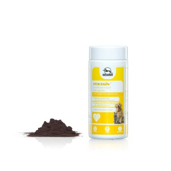 Behälter mit Fortain-Hämoglobin-Pulver für Haustiere, mit einem Haufen des Pulvers daneben; enthält ernährungsbezogene Angaben auf Deutsch.