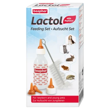 Aufzucht-Set Beaphar Lactol Fütterungsset für neugeborene und junge Haustiere, das eine Milchflasche, Sauger, eine Reinigungsbürste und Bilder verschiedener kleiner Tiere zeigt.