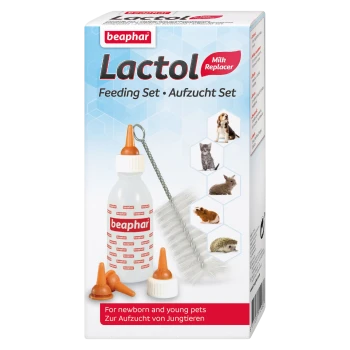 Beaphar Lactol Fütterungsset für neugeborene und junge Haustiere, das eine Milchflasche, Sauger, eine Reinigungsbürste und Bilder verschiedener kleiner Tiere zeigt.