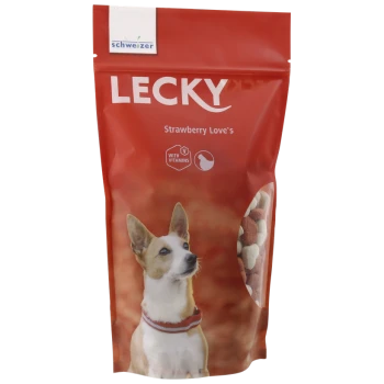 Roter Hundfutterbeutel, beschriftet "LECKY Strawberry Love's", mit einem Hund mit Halsband, gekennzeichnet "mit Vitaminen."