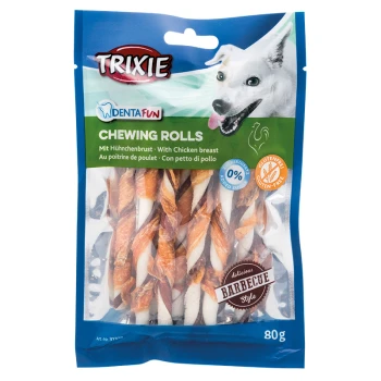 Denta Fun Barbecue Chicken Rolls 12cm 2x10St/80g Trixie DentaFun Kauknochen für Hunde, mit Hühnerbrust, glutenfrei, 0 % Zuckerzusatz, 80 g Packung, mit einem Hundebild.