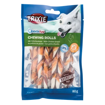 Trixie DentaFun Kauknochen für Hunde, mit Hühnerbrust, glutenfrei, 0 % Zuckerzusatz, 80 g Packung, mit einem Hundebild.