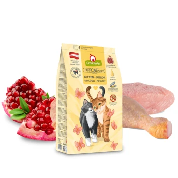 Eine Tüte GranataPet DeliCATessen Kitten-Junior Geflügel Katzenfutter, mit Illustrationen einer schwarz-orangefarbenen Katze und Granatapfelkernen.