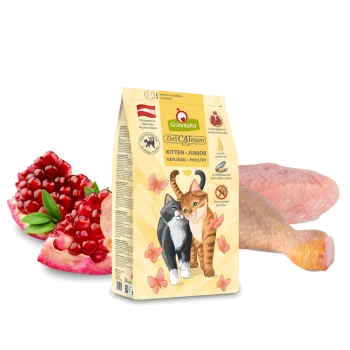 Eine Tüte GranataPet DeliCATessen Kitten-Junior Geflügel Katzenfutter, mit Illustrationen einer schwarz-orangefarbenen Katze und Granatapfelkernen.
