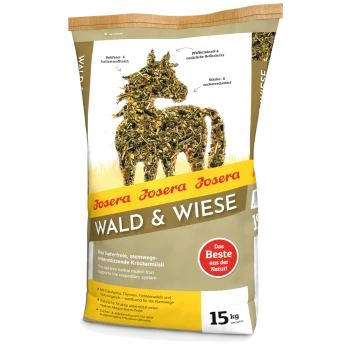 15 kg Sack Josera Wald & Wiese Pferdemüsli mit einer Kräuter-Pferdesilhouette. Text: "Haferfreies, atemwegsunterstützendes Kräutermüsli."