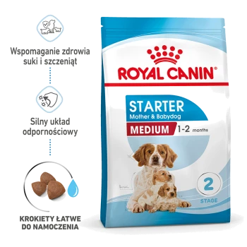 Karma Royal Canin Starter Mother & Babydog dla średnich ras, odpowiednia dla szczeniąt w wieku 1-2 miesiące, z obrazkami matki psa i jej szczeniąt.