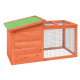 Holzhaustierhaus mit grünem, schrägem Dach und einem Drahtgittergehege auf einer Seite, ideal für kleine Tiere.