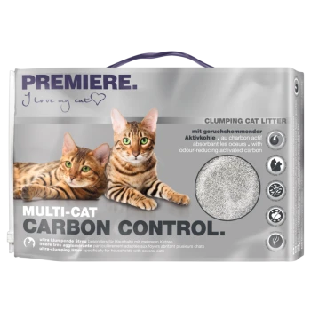 Verpackung von klumpendem Katzenstreu mit zwei Bengal-Katzen, beschriftet mit "MULTI-CAT CARBON CONTROL" mit geruchsreduzierendem Aktivkohle.