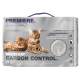 Verpackung von klumpendem Katzenstreu mit zwei Bengal-Katzen, beschriftet mit "MULTI-CAT CARBON CONTROL" mit geruchsreduzierendem Aktivkohle.