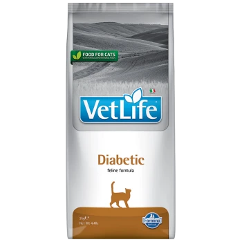 VetLife Diabetiker Katzenfutterbeutel, 2 kg, mit einer Silhouette einer Katze und dem Text "Futter für Katzen" in grün.