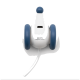 Ein weißes und blaues Haustierspielzeug, das einem kleinen Auto ähnelt, mit einem USB-C-Anschluss und einem klaren Rohr, entworfen von Cheerble.