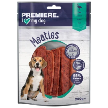 Verpackung von Premiere I love my dog Meaties Hundeleckerlis mit einem Beagle und der Geschmacksrichtung Ente, 95% Fleisch, 250g.