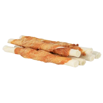 Four rawhide dog chews wrapped with chicken jerky on a white background.
