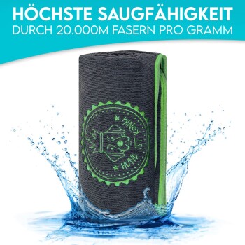 Schwarzes Haustierhandtuch mit grünen Akzenten, Hundegrafik und dem Text "HÖCHSTE SAUGFÄHIGKEIT DURCH 20.000M FASERN PRO GRAMM", mit Wasserspritzern.