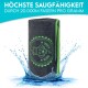 Schwarzes Haustierhandtuch mit grünen Akzenten, Hundegrafik und dem Text "HÖCHSTE SAUGFÄHIGKEIT DURCH 20.000M FASERN PRO GRAMM", mit Wasserspritzern.
