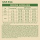 Feeding guidelines for adult dogs, detailing daily serving sizes based on bodyweight and activity level, with a note on grain-free options.
