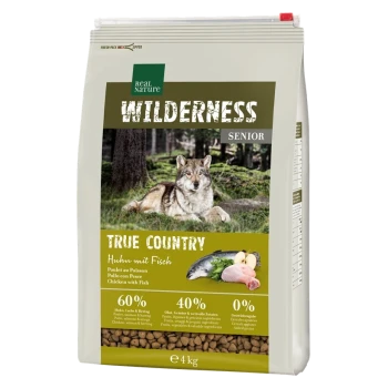 4kg bag of Real Nature Wilderness Senior dog food with a wolf in a forest. Label reads "True Country: Chicken with Fish."