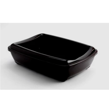 Schwarze rechteckige Katzentoilette mit glatten Kanten, vor einem hellgrauen Hintergrund.