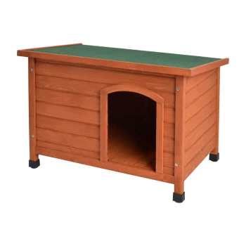 Holzhundehütte mit grünem Filzdach und einem gewölbten Eingang, entworfen für den Außeneinsatz.