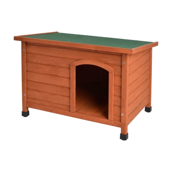 Holzhundehütte mit grünem Filzdach und einem gewölbten Eingang, entworfen für den Außeneinsatz.