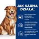 Pies siedzi na niebieskim tle z polskim tekstem na temat korzyści z karmy dla zwierząt, podkreślając rodzaje białka, składniki bioaktywne i omega-3.