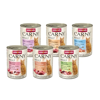 Carny Nassfutter Katze Adult, Mixpaket 6x400 g Sechs Dosen Animonda Carny Adult Katzenfutter in Geschmacksrichtungen wie Truthahn mit Lamm und Huhn mit Garnelen, beschriftet mit "100% frische Zutaten."