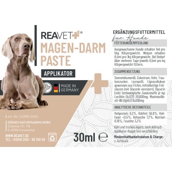 Hundediät-Ergänzungspaste in einer 30-ml-Tube, mit einem beigen Hintergrund, mit Produktdetails und Nährwertinformationen auf Deutsch.