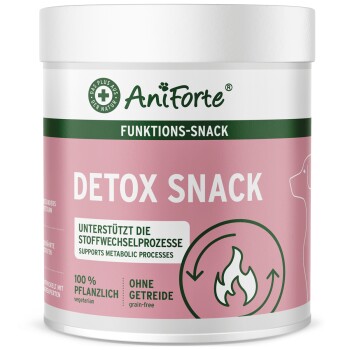Weiße AniForte-Dose, pinkes Etikett 'DETOX SNACK' und 'FUNKIONS-SNACK', 'unterstützt Stoffwechselprozesse', '100% pflanzlich', 'ohne Getreide'