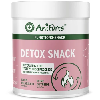 Weiße AniForte-Dose, pinkes Etikett 'DETOX SNACK' und 'FUNKIONS-SNACK', 'unterstützt Stoffwechselprozesse', '100% pflanzlich', 'ohne Getreide'