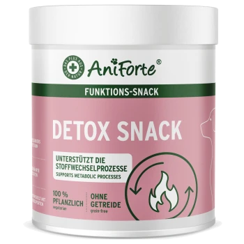 Weiße AniForte-Dose, pinkes Etikett 'DETOX SNACK' und 'FUNKIONS-SNACK', 'unterstützt Stoffwechselprozesse', '100% pflanzlich', 'ohne Getreide'