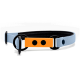 Bunter Haustierhalsband mit einem blauen Riemen, einer orangefarbenen Schnalle mit zwei schwarzen Punkten und einem gepolsterten schwarzen Innenraum.