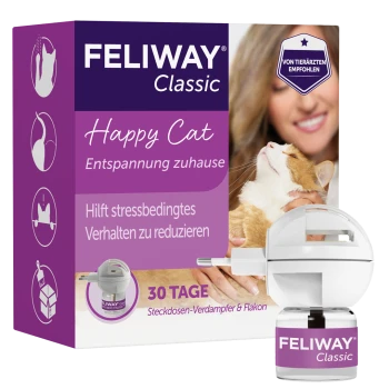 Pudełko dyfuzora FELIWAY Classic 'Happy Cat' z wkładką do wtyczki, niemiecki tekst 'Relaks w domu' i '30 DNI'.