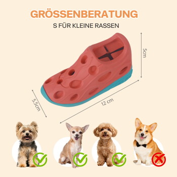 Rotes Gummi-Hundeschuh-Spielzeug mit blauer Sohle, 12×5,5×5 cm, beschriftet mit 'GRÖSSENBERATUNG S FÜR KLEINE RASSEN', kleine Hunde OK, Corgi nein.