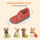 Rotes Gummi-Hundeschuh-Spielzeug mit blauer Sohle, 12×5,5×5 cm, beschriftet mit 'GRÖSSENBERATUNG S FÜR KLEINE RASSEN', kleine Hunde OK, Corgi nein.