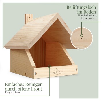 Offenes Vogelhaus aus Holz mit Beschriftungen 'Ventilation hole' und 'Easy to clean'; 'wildlife home'-Logo sichtbar.