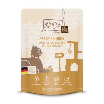 Nassfutter Katze Adult, Quetschie Purer Fleischgenuss 6x300 g Huhn Mjamjam Haustierfutterbeutel mit "Saftiges Huhn" (saftiges Huhn) und einer verspielten Katzenillustration, die reinen Fleischgenuss und Qualität hervorhebt.